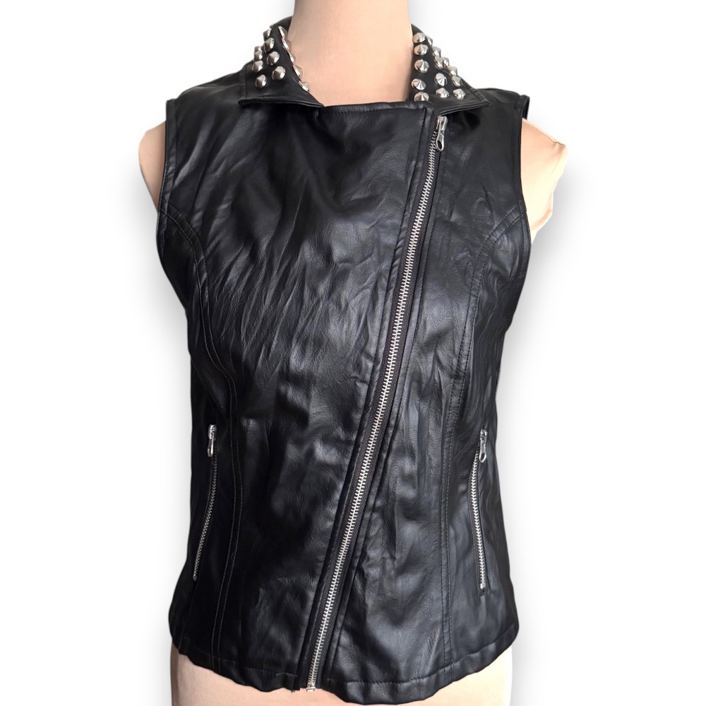 FOREVER 21 Black Studded Moto Vest Vegan Leather S - Picture 2 of 11